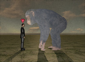 There is an ape. There is Donald Trump. The ape is in front of Donald Trump. The ape is facing Donald Trump. The ape is large. The ground is grass. It is dawn. There is a small pink heart 1 inch above the man. The heart is facing east. The sky is cloudy.
