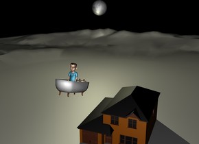 the big tub is leaning. it is leaning backwards. the boy is in the tub.  the tub is 30 feet above the ground. the house is 20 feet behind the tub. it is on the ground. it is night. the enormous pale yellow moon is 100 feet behind the boy. it is 30 feet to the left of the boy. it is 40 feet above the ground. the pale yellow light is in front of the moon. 
