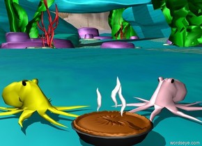 the pink octopus is facing the pie. it is behind the pie. the yellow octopus is facing the pie. it is next to the pie.