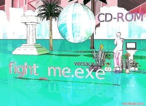 the large pink statue is on the turquoise ground.
the shiny pedestal is 3 inches to the right of and 2 inches behind the statue. the huge dutch iris is two inches to the left of the statue. a plant is 4 inches to the left of the dutch iris. the large century plant is 1 foot to the left of and 1 foot behind the statue. the huge geranium is 18 inches to the right of the statue. the huge laptop computer is on top of the pedestal. a very huge phone is 2 inches to the left of the geranium. the phone is facing right. a huge shiny cassette is 3 inches to the left of and 2 inches in front of the statue. the [city] sky is pink. a city is in the background. there is a very huge shiny [stripe] ball 35 feet behind and 12 feet to the left of the statue. the ball is 7 feet above the ground. there is a large potted plant 2 feet in front of the phone. a blue computer is 3 inches in front of the statue. a huge flaming sword is 2 feet behind and 1 foot to the left of the statue. a large flamingo lily is 2 inches in front of the cassette. a plant is in front of the flamingo lily. a large guzmania is 1 foot behind the pedestal. a green light is 5 feet above and 10 feet behind the statue. a purple light is 10 feet in front of and 2 feet to the left of the statue. a pink light is 5 feet in front of and 2 feet to the right of the statue. a palm tree is 6 feet behind and 4 feet to the left of the ball. the palm tree is on the ground. a large palm tree is 30 feet behind the ball. the large palm tree is on the ground. a large radio is 1 foot to the left of the cassette. a large purple  "CD-ROM" is 6 feet behind the statue. the "CD-ROM" is 16 feet above the ground. a purple "versace" is 5 feet behind and 7 feet to the left of the statue. large shiny fuschia "fight_me.exe" is 15 feet in front of and 1 foot to the left of the statue. A huge pedestal is 10 feet to the left of the ball. the huge pedestal is on the ground. a cup is on the huge pedestal.