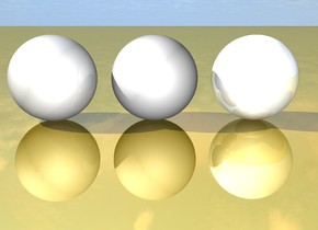 The dull sphere is two inches to the left of the unreflective sphere. The unreflective sphere is 2 inches to the left of the shiny sphere. The ground is gold.