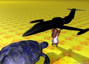 The ground is fire. a black jet is ten feet above the ground. the jet is above the large man. the large man is leather. An extremely large blue turtle is three feet in front of the large man.the turtle is facing the man