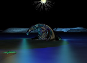 the silver wave. there is a blue light above the wave. there is a cyan light to the left of the wave. there is a turquoise light to the right of the wave. there is a purple light to the left of the wave. it is night. the star is 2 feet above the wave. the starfish is 8 feet in front of the wave. there is a gold light above the starfish.