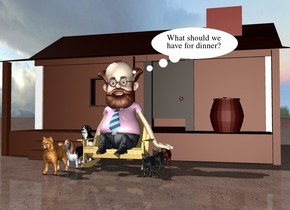 There is a man in front of a house. the man is on the chair. the ground is dirt. there are 3 dogs next to the chair. there are 3 cats on the right of the chair.