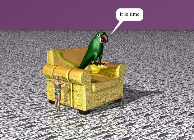 Input text: The large parrot is on the gold chair. The small man is facing the gold chair. The ground is fish. The sky is purple.