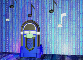 a [texture] wall is behind the blue jukebox. it is 12 feet tall. the first music note is 1 foot to the right and 1 foot above the jukebox. the second music note is to the right and below the first music note. the ground is [texture]. the third music note is 6 inches above the jukebox. the fourth music note is 1 foot to the left and 2 feet above the jukebox. the fifth music note is below and to the left of the fourth music note. there is a pink light 3 feet to the right of the jukebox. there is a green light 2 feet in front of the jukebox. there is a magenta light 1 foot to the left of the jukebox.
