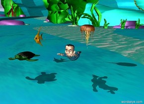 The man is 2 feet above the ground. The  huge turtle is 3 feet left of the man. The huge jellyfish is 6 feet behind the man. The huge fish is 7 feet left of the jellyfish.