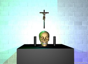 There is a wall. It is grey. It is made of brick. It is 10 feet tall and 10 feet wide. There is a black cube in front of the wall. The cube is 3 feet tall. There is a skull on the cube. There is a candle 3 inch right of the skull. The candle is 9 inch tall. The candle is black. 2nd candle is 2 inch left of the skull. The 2nd candle is black. It is 9 inch tall. A cross is 2 inch above the skull. It is 15 inch tall. There is a green light above the candle. There is a cyan light above the 2nd candle. There is a blue light right of the cube. It is night. A white light is behind the skull.