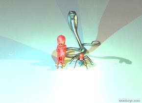 the huge shiny black cobra is behind the 3 foot tall shiny red spider.
the 9 foot tall shiny red fetus is one foot to the left of the spider.
The cyan light is two feet above the fetus.
The bright yellow light is two feet above the spider.