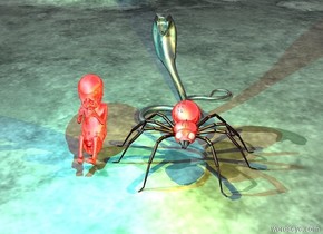 the 19 foot tall shiny black cobra is behind the 8 foot tall shiny red spider.
the 12 foot tall shiny red fetus is one foot to the left of the spider.
The cyan light is two feet above the fetus.
The bright yellow light is two feet above the spider.