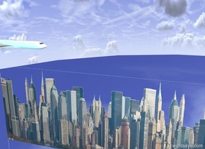 the gigantic [new york] wall is 2000 feet wide and 400 feet tall. The big plane is 100 feet behind and 1 foot above the wall. It is -10 feet to the left of the wall. It is facing 40 degrees to the right. The cyan light is 2 feet in front of the plane. The ground is shiny.
