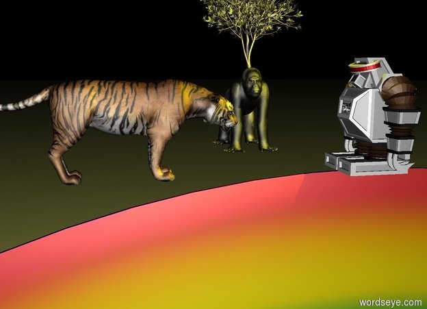Input text: The humanoid robot is on the rainbow.

A giant yellow light is above the humanoid robot.

It is night.

A big tiger is 5 feet left of the humanoid robot.

The big tiger is facing east.

The humanoid robot is facing west.
 
A gorilla is 1 foot to the left of the humanoid robot.

the gorilla is 2 feet behind the humanoid robot.

There is a small tree 1 inch in the gorilla