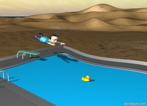 the man is  leaning forward. he is above the pool. the duck is 15 inches in the pool.it is to the left of the man.  the man is in front of the bolt of the pool.