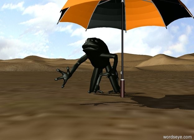 Input text: A giant frog Under an umbrella
in the middle of the desert
