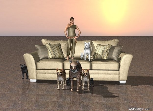 Input text: There is a couch.
The ground is carpet.
There is a short woman on the couch.

There are 2 white small cats on the couch.
There is a cat on the left of the couch.
There are 5 small cats in front of the couch.
