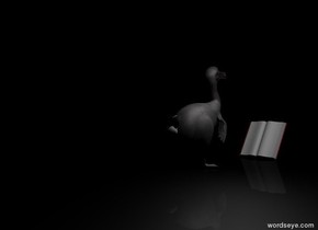 the ground is black. the dodo is facing backwards. the camera light is black. it is night. The book is 1 foot behind the dodo. it is leaning 30 degrees to the back. a grey light is above and to the right of the dodo.