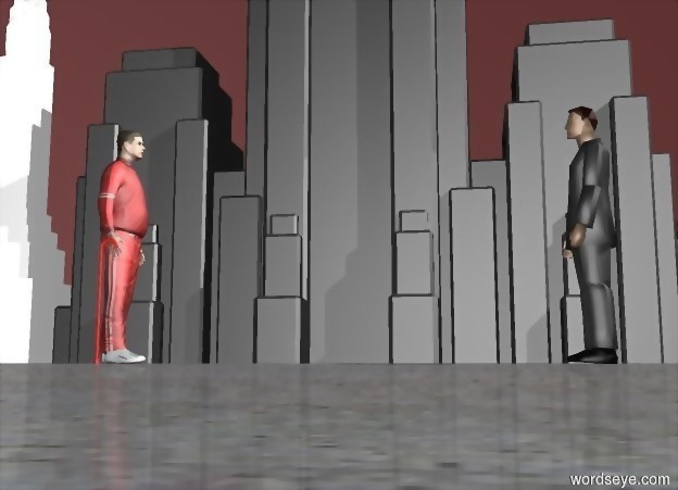 Input text: There is a small skyscraper.
There is a building 10 feet left of the skyscraper.
There is a small gray skyscraper 10 feet to the left of the building.
The sky is dark red.
The ground is concrete.

There is a man 500 feet north of the building.
The man is 200 feet right of the building.
The man is facing west.
The man is huge.
The man is dark red.
There is a huge red cane behind the man.

There is a huge dark business man 40 feet to the left of the man.
The business man is facing east.
