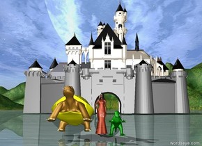 The princess is peach. There is a castle 100 feet behind the princess. An enormous yellow turtle is on the left of the princess. the turtle is leaning backwards. a green tiny dinosaur is on the right of the princess.