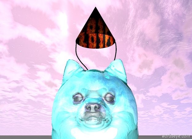 Input text: A large teal shiny Pomeranian. A [sparkle] party hat is -.000001 inches on top of the pomeranian and -.000001 inches.