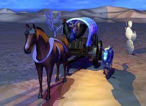 a covered wagon is behind a horse. a tan moon symbol is -3.8 feet in front of the horse and 2.5 feet above the ground. 1st tan upsilon is -2.6 feet in front of the horse and 3.1 feet above the ground. it is leaning to the back. 2nd tan upside down upsilon is -3.1 feet above and -3.4 feet behind the horse. it faces back. it is leaning 40 degrees to the back. a large squirrel is -2.2 feet above a large [peacock] chicken. it leans to the back. the chicken is -5.7 feet in front of the covered wagon and 2.5 feet above the ground. the chicken faces southwest. the squirrel faces southwest. a large lantern is -1.1 feet right of the covered wagon and 2.5 feet above the ground. a  orange light is 2 inches in the lantern. the [van gogh] donkey is 0.7 feet right of and -5.9 feet in front of the covered wagon. 1st large cactus is 6 feet behind and 1 feet right of the donkey. 2nd large cactus is 18 feet behind and 14 feet left of the donkey.  The camera light is gray. the ambient light is blue. the sun's altitude is 80 degrees. the sun's azimuth is 230 degrees. the sun is sky blue. a dim beige light is above the chicken. a dim turquoise light is above the horse. a  purple light is above the 2nd cactus