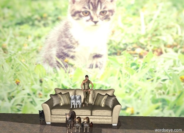 Input text: There is a couch.
The ground is carpet.
There is a short woman on the couch.

There are 2 white small cats on the couch.
There is a cat on the left of the couch.
There are 5 small cats in front of the couch.

there is a large [cat] wall behind the couch.
