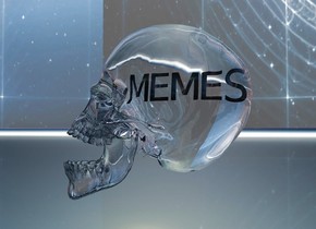 A large clear skull tilts 30 degrees to the back. The sky is [grid]. The ground is [grid]. The very tiny [grid] "MEMES" is -.8 feet above the skull. The "MEMES" is facing east. The "MEMES" is -1.49 feet in front of the skull. The light is gold.
