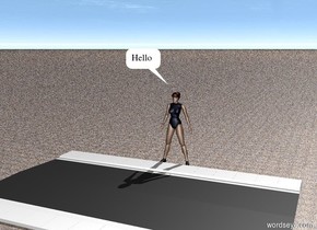 The girl stands near the road. The girl facing to the road. Ground is sand. Sky is sunny.