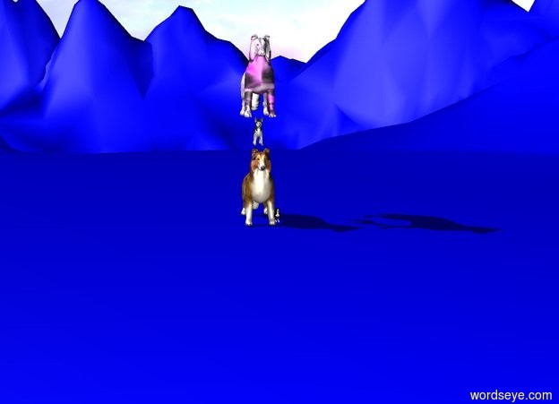 Input text: dog is on the extremely tall blue mountain range.
the giant dog is next to dog.
A huge yellow dog is above dog.
A huge magenta dog is above the dog.
It is dog.