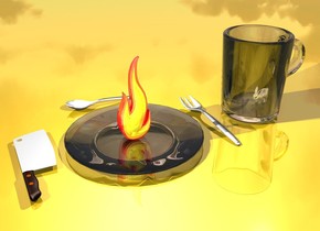 the ground is gold. the chrome rabbit is 2 feet tall. the transparent mug is 10 feet tall. the rabbit is 0 feet in the mug. the mug is facing to the left. the rabbit is facing to the left. the transparent plate is 4 feet to the left of the mug. the plate is 15 feet long. the shiny fire is 0 feet in the plate. the fire is 9 feet tall. the fork is 1 feet to the right of the plate. the knife is 1 feet to the left of the plate. the knife is 12 feet long. the fork is 12 feet long. the knife is facing to the left. the knife is facing up. the light is 0 feet in the fire. the spoon is facing to the right. the spoon is 1.5 feet behind the plate. the spoon is 10 feet long.