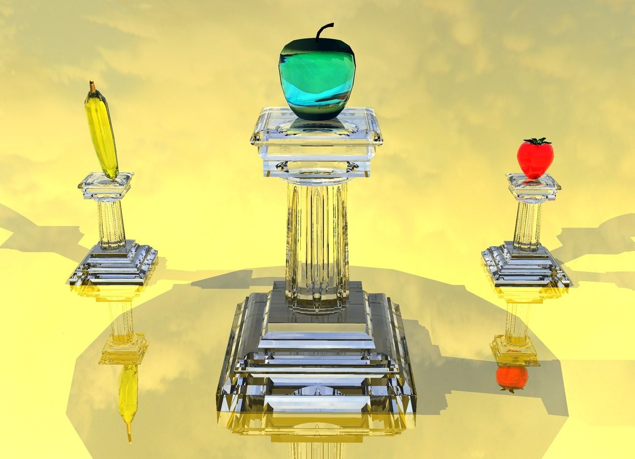 Input text: the third pedestal is transparent. the ground is gold. the huge cyan translucent Apple is on top of the pedestal. the light is above the apple. the first small transparent pedestal is 3 feet to the right and 2 feet to the back of the pedestal. the second small transparent pedestal is 3 feet to the left and 2 feet to the back of the third pedestal. the 1.2 feet tall translucent super red strawberry is on top of the first pedestal. the 1 feet tall translucent yellow banana is on top of the second pedestal. the banana is facing down 