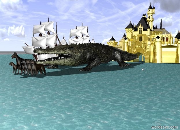 Input text: It's the ocean. White galleons are on the left of the enormous crocodile. Golden castle is behind the crocodile. 7 giant dark dogs are in front of the crocodile.