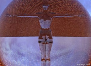 There is a transparent woman 8 feet inside an enormous transparent sphere. the ground is texture. 