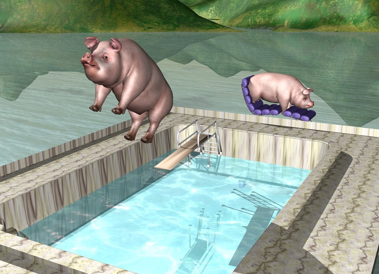 Input text: There is a diving board on the stone pool. the large pig is above and -2 feet in front of the diving board. it is leaning 40 degrees to the back. the water rectangle is 2 feet in the pool. it is 18 feet long and 10 feet wide. it is 18 feet deep. the mauve chair is behind the pool. it is -1 foot above the pool. it is facing right. a second large pig is 3 feet in the chair. it is facing right.

