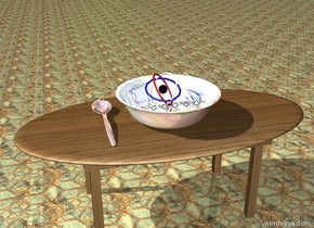  8 extremely enormous molecules are in the giant glass bowl. a small atom is behind the molecules. the bowl is on the table. the table has a wood texture. the ground has a tile texture. the huge silver spoon is next to the bowl.