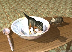 the extremely tiny tyrannosaurus is in the giant glass bowl. the extremely tiny triceratops is to the right of the bowl. it is on the table. it is facing the tyrannosaurus. the bowl is on the table. the table has a wood texture. the ground has a tile texture. the huge silver spoon is next to the bowl.