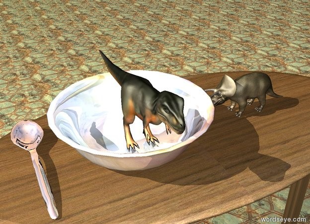 Input text: the extremely tiny tyrannosaurus is in the giant glass bowl. the extremely tiny triceratops is to the right of the bowl. it is on the table. it is facing the tyrannosaurus. the bowl is on the table. the table has a wood texture. the ground has a tile texture. the huge silver spoon is next to the bowl.
