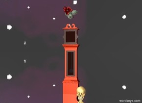 The ground is reflective black .
The [image-9251] sky.
There is a big bright clock.
  There is a extremely big rose .5 feet above the clock.
The rose is leaning 90 degrees to the front.
There is a big skull to the right of the rose. 
The skull is on the ground.
The skull is -.2 feet in front of the rose.
The skull is facing south.
