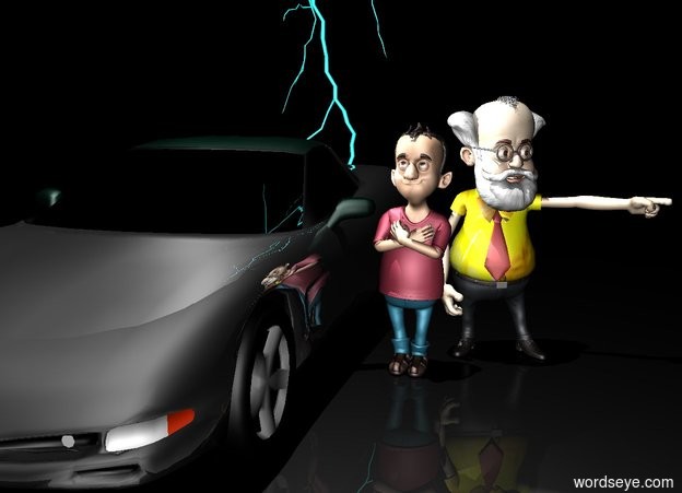 Input text: it is night. car is dark gray. car is shiny. 20 foot tall cyan lightning bolt is behind car.  light is 30 feet above car. ground is  dull. second light is inside car. ground is black. a boy is right of the car. the boy's shirt is crimson. the professor is behind the boy. the professor is -0.5 feet to the right. the professor's shirt is [yellow]. the professor's tie is [red]. the professor's beard is white. the professor's hair is white. the professor's moustache is white.