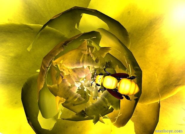 Input text: a rose.the rose is yellow.a purple light is above the rose.the sun is violet.a bee is on the rose.the bee is tiny.the bee is facing left. a white light is above the bee.