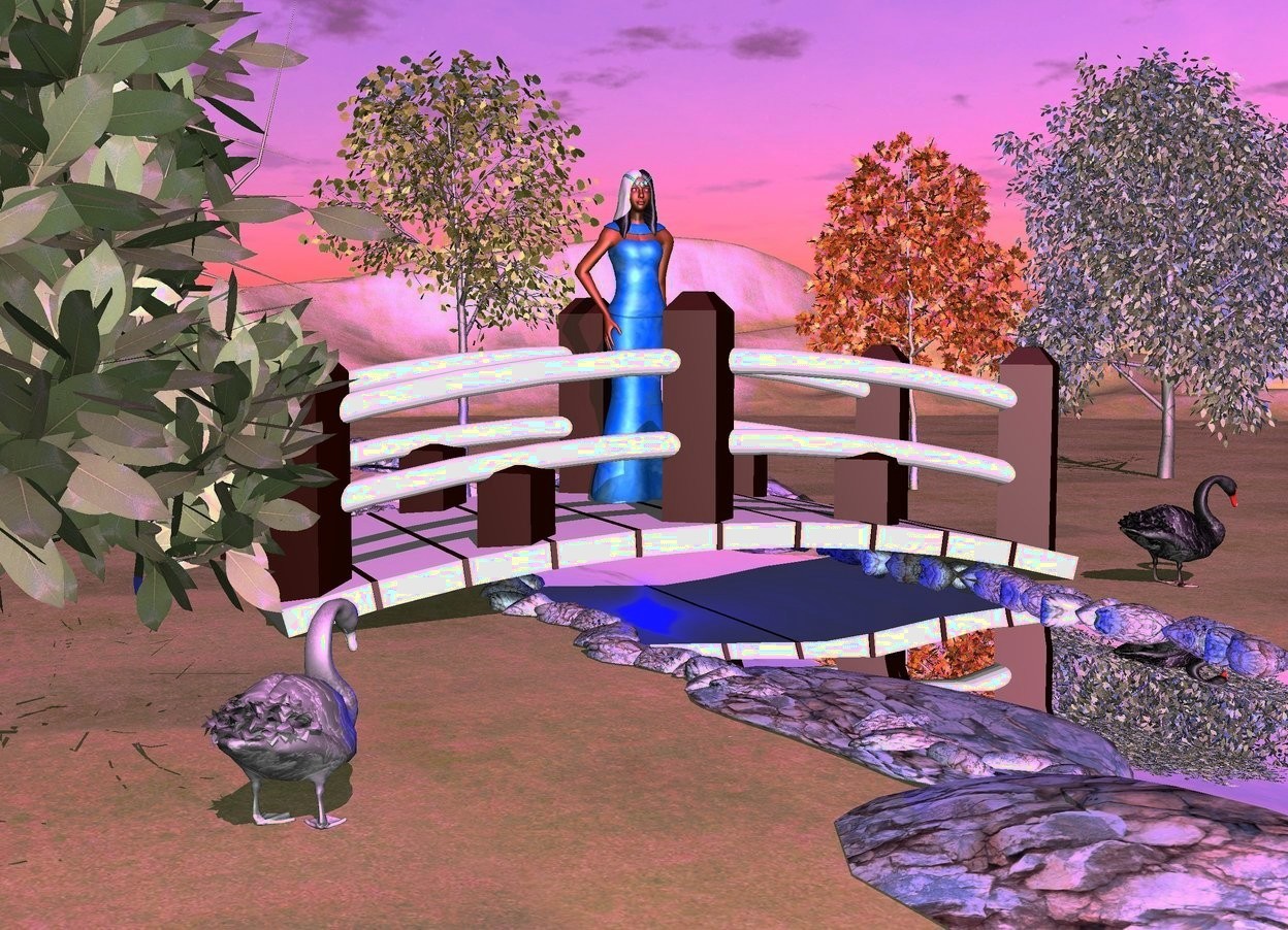 Input text: a river.a bridge is in the river.the bridge is facing left.the bridge is 30 feet long.a woman is on the bridge.the woman is 13 feet tall.the ground is grass.a tree is 15 feet behind the woman.the tree is 15 feet left of the woman.a  red oak is 5 feet in front of the bridge.the red oak is 10 feet right of the bridge.a linden tree is 12 feet behind the red oak.a beech tree is 3 feet in front of the red oak.the woman is texture.the river is silver.a blue light is beneath the bridge.a swan is in front of the bridge.the swan is 1 feet left of the bridge.the swan is 4 feet tall.a white swan is behind the bridge.the white swan is 15 feet left of the bridge.the white swan is 4 feet tall.the swan is facing the river.the sun is violet.