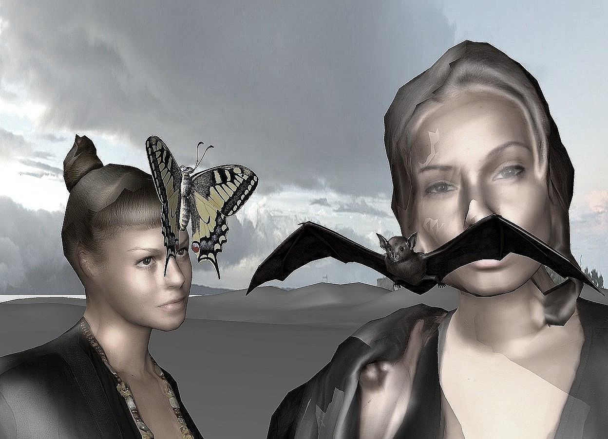 Input text: a second woman is to the right of the first woman. she is facing the woman. a bat is in front of and -10 inches above the second woman. a large butterfly is -9 inches above and -10.5 inches to the right of the first woman. it is facing the left. it is face down. 