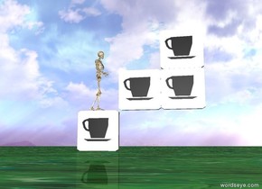Coffee is on top of the 2nd coffee. 3rd coffee is next to the 2nd coffee. coffee is on the left of the 4th coffee. 2nd coffee is on the right of the 4th coffee. 3rd coffee is under the 4th coffee. the ground is texture. there is a small skeleton on the 3rd coffee. the skeleton is facing east. 