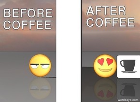 An emoji.
there is a wall 2 feet on the right of the emoji. the wall is facing the emoji. there is a 2nd emoji 30 centimeters on the right of the wall. there is a coffee on the right of the emoji.