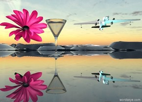 The flower is to the left of the glass. It is leaning 60 degrees to the front. The clear [flower] ground. The tiny airplane is 15 feet to the right and 30 feet behind the glass. It is 4 feet above the glass. It is facing northeast. It is leaning 30 degrees to the back. The aqua light is in front of the airplane. The azure light is to the right of the glass. 
