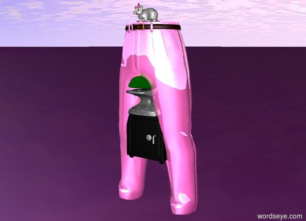 Input text: The large hot pink shiny garment is one foot above the ground. A large rat is above the garment. A large green shoe below the garment. the shoe is five feet above the ground. the shoe is six inches to the left. the large anvil is below the shoe. the small box is below the anvil. a very small hot pink hat is nine centimeters above the garment. there is a tiny ant nine centimeters above the garment. the ant is behind the garment. the hat is forty six centimeters in front of the ant. The ground is purple.