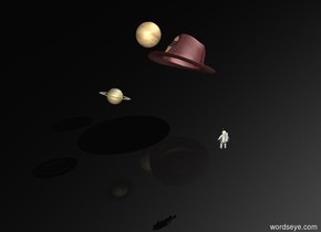 The sky is black.The top of the ground is black.
There is a very small planet 4 feet above the ground.
There is a tiny astronaut 10 feet behind the planet.
There is a very giant brown shiny fedora 5 feet next to the planet.The fedora is leaning 30 degrees into the ground.The fedora is 4 feet above the ground.
The planet is leaning 20 degrees into the fedora.
the astronaut is facing the fedora.
there is Venus in front of the fedora.Venus is 7 feet above the ground.