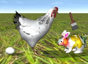 the [easter] bunny is facing the chicken. the chicken is facing the bunny. the ground is grass. the egg is to the left of the chicken. the brush above the rabbit. it is leaning toward the chicken.