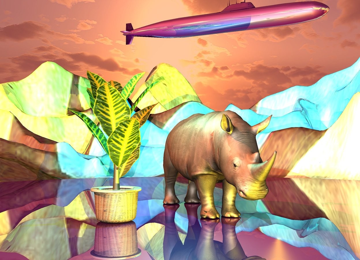 Input text: the large shiny purple lake is on the shiny very tall klee ground.
the huge rhino is on the lake.
the shiny purple submarine is 14 feet above the rhino. 
it is facing southeast.
the enormous potted plant is 3 feet left of the rhino.  
a cyan light is a foot above the rhino. it is left of the rhino. a yellow light is in front of the rhino. the sun is coral.