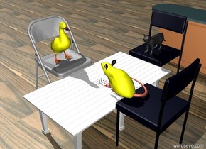 There is a white table.There is a chair to the left of the table. There is a yellow duck on the chair.There is another chair behind the table.There is a cat on the chair.There is a counter 2 feet behind the chair. There is another chair to the right of the table.There is a big yellow mouse on the chair.
The chairs are facing the table.The ear of the mouse is black.The beak of the duck is light brown.
there are cards on the table.The ground is wood.
