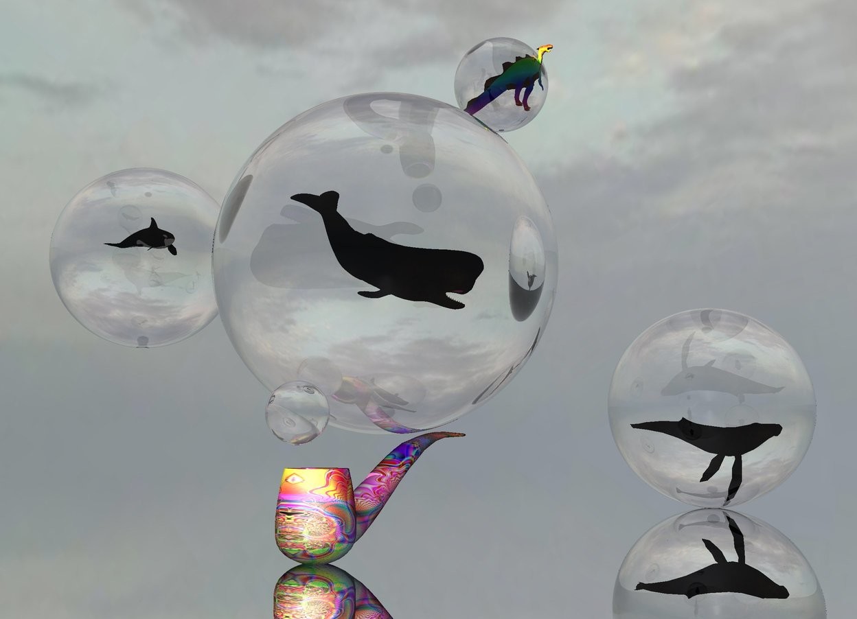 Input text: The ground is reflective silver.
There is an extremely large clear sphere.

The extremely tiny whale is 4.8 feet in the sphere .

There is a second extremely large clear sphere 10 feet to the left of the sphere.
The second sphere is 2 feet above the ground.
The second extremely tiny whale is 3.3 feet in the second sphere.
It is facing east.
The third extremely large clear sphere is 2 feet to the right of  and 10 feet behind the sphere.
The third sphere is 5 feet above the ground.
The third extremely tiny whale is 2.9 feet in the third sphere.

a fourth large clear sphere is 6 inches above and to the right of the second sphere. the  very tiny rainbow dragon is 1.5 feet in the fourth sphere.

the very huge [hippie] pipe is under the second sphere. it is on the ground. the fifth clear sphere is -3 inches above and -8 inches to the left of the pipe.
